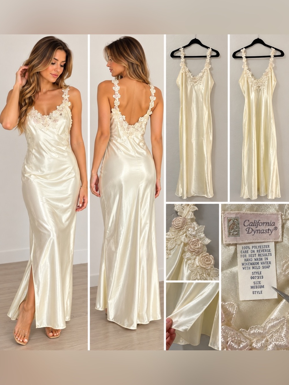 Vintage California Dynasty Ivory Satin Lace Maxi Nightgown Slip Dress Medium